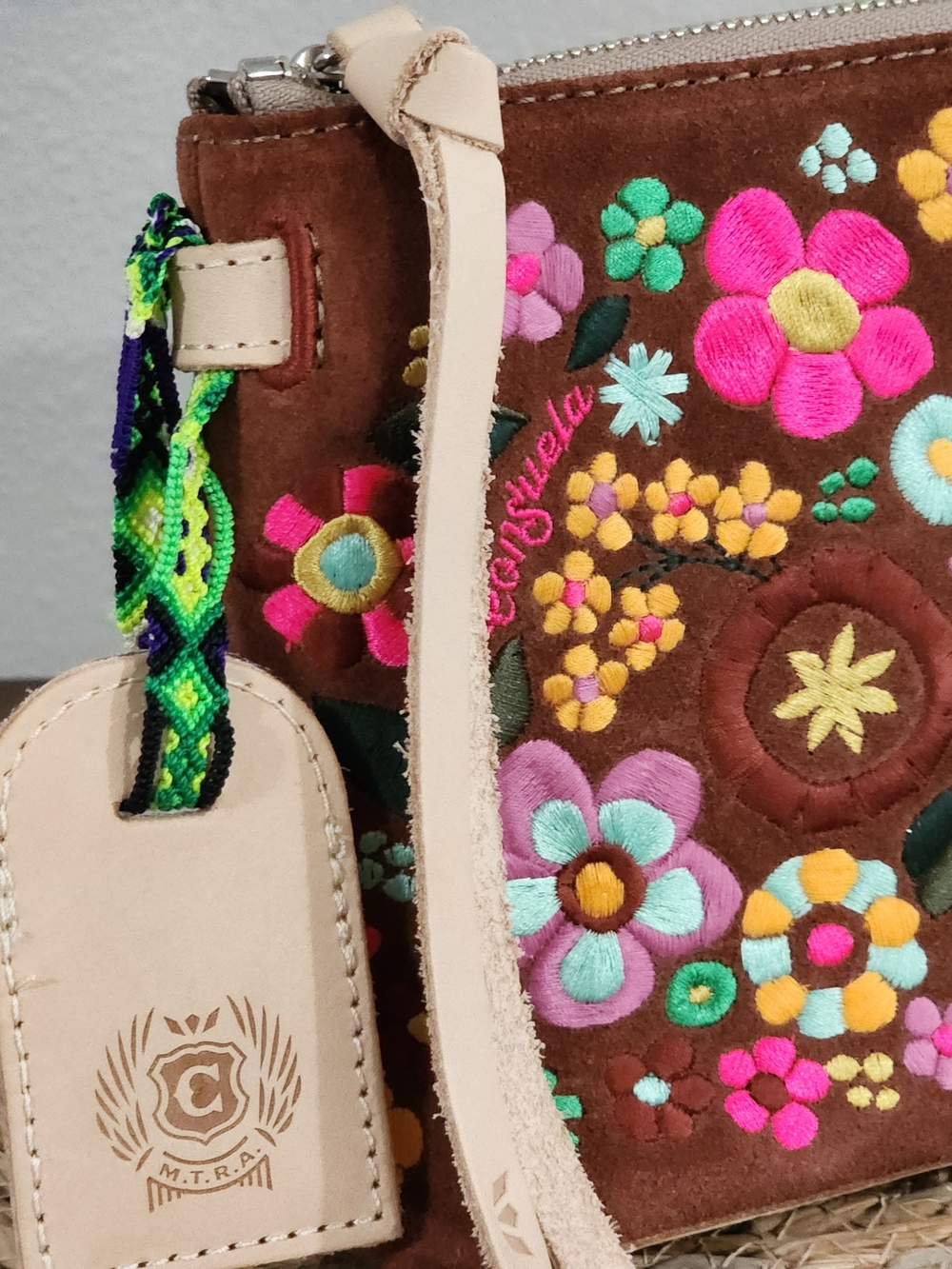 CONSUELA Suede Sienna Midtown Crossbody with Multicolor Floral Embroidery NWOT - Picture 11 of 16